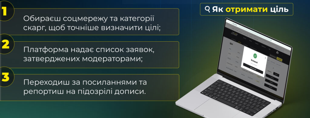 Як отримати ціль:
1.Обираєш соцмережу та категорії скарг, щоб точніше визначити цілі;
2.Платформа надає список заявок, затверджених модераторами;
3.Переходиш за посиланнями та репортиш на підозрілі дописи.